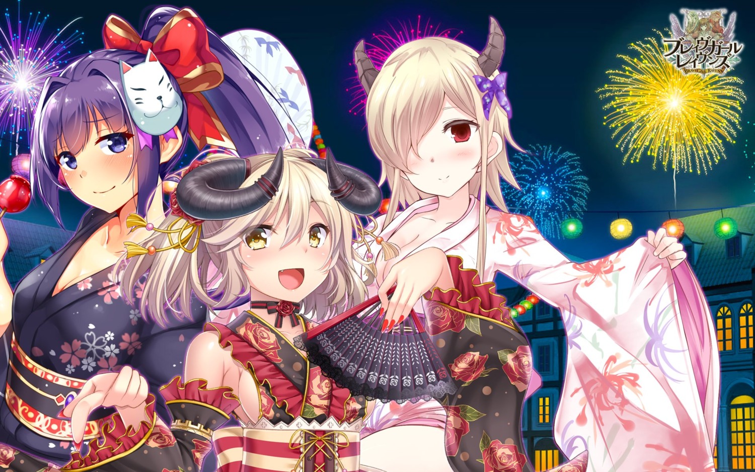 akatsuki_rabbit, brave_girl_ravens, cleavage, horns, horosuke, shugami, wallpaper, yukata