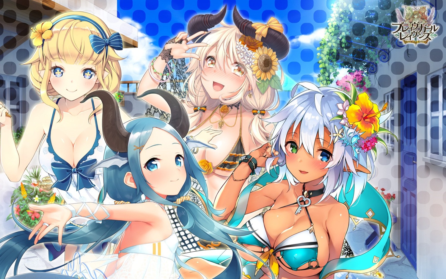 akatsuki_rabbit, bikini, brave_girl_ravens, cleavage, f-cla, frea_henil, heterochromia, horns