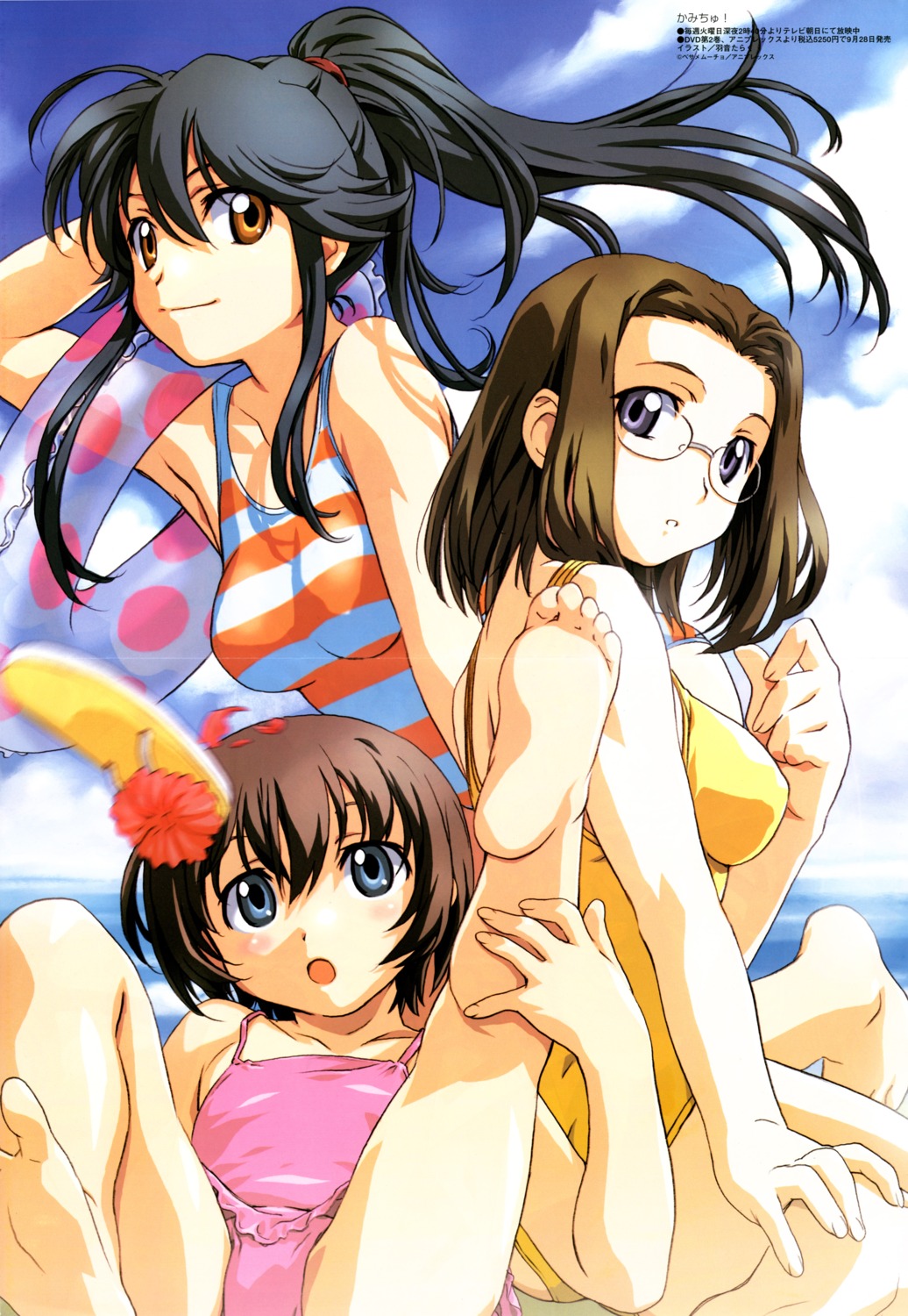 feet, hitotsubashi_yurie, kamichu, megane, saegusa_matsuri, shijou_mitsue, swimsuits, uon_taraku