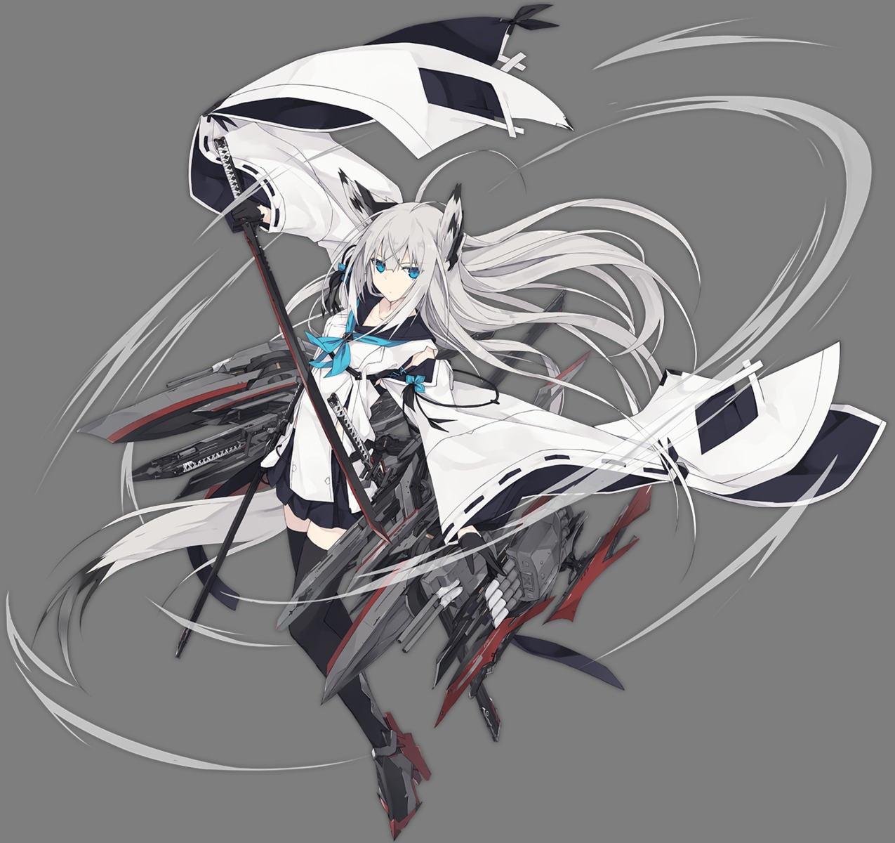 animal_ears, azur_lane, heels, kawakaze_(azur_lane), nagishiro_mito, seifuku, sword, thighhighs, transparent_png