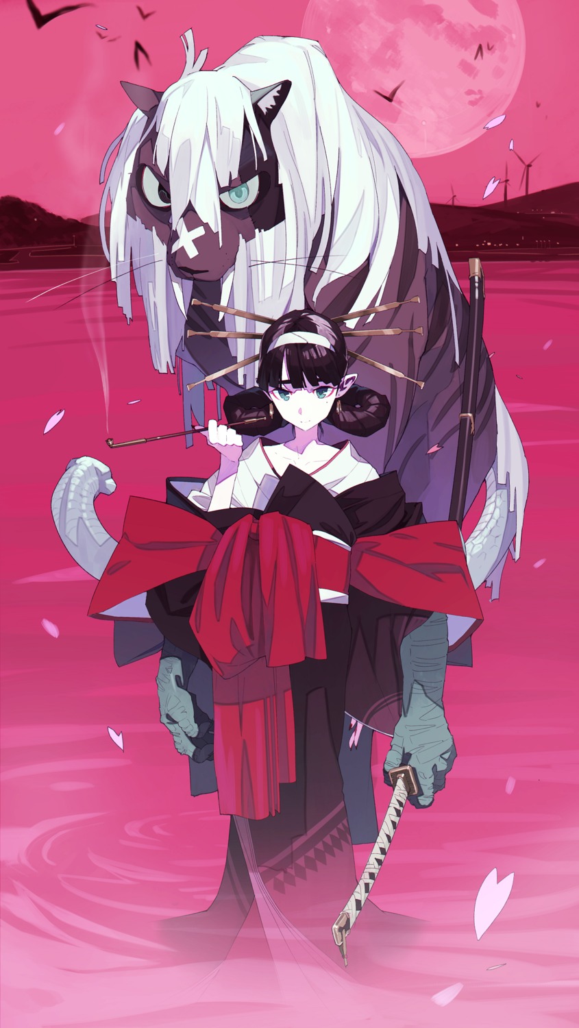 japanese_clothes, kamameshi_gougoumaru, pointy_ears, smoking, sword