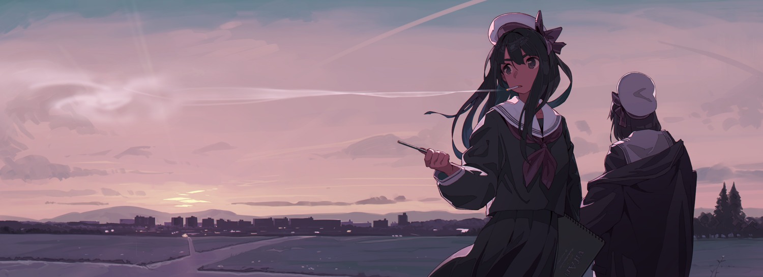 kamameshi_gougoumaru, landscape, seifuku, smoking