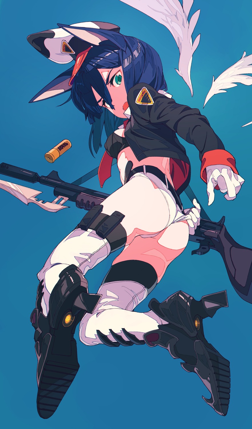 animal_ears, ass, bra, gun, heels, kamameshi_gougoumaru, open_shirt, pantsu, thighhighs, wings