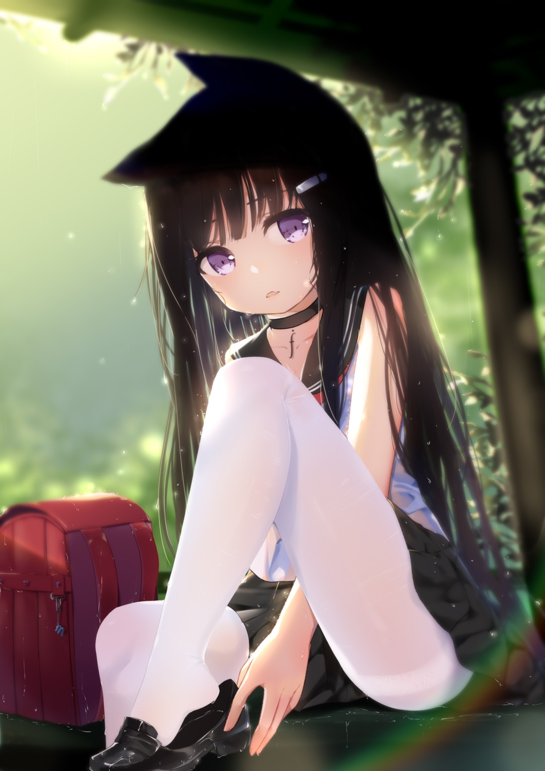 animal_ears, fufumi, pantyhose, see_through, seifuku, thighhighs, wet, wet_clothes