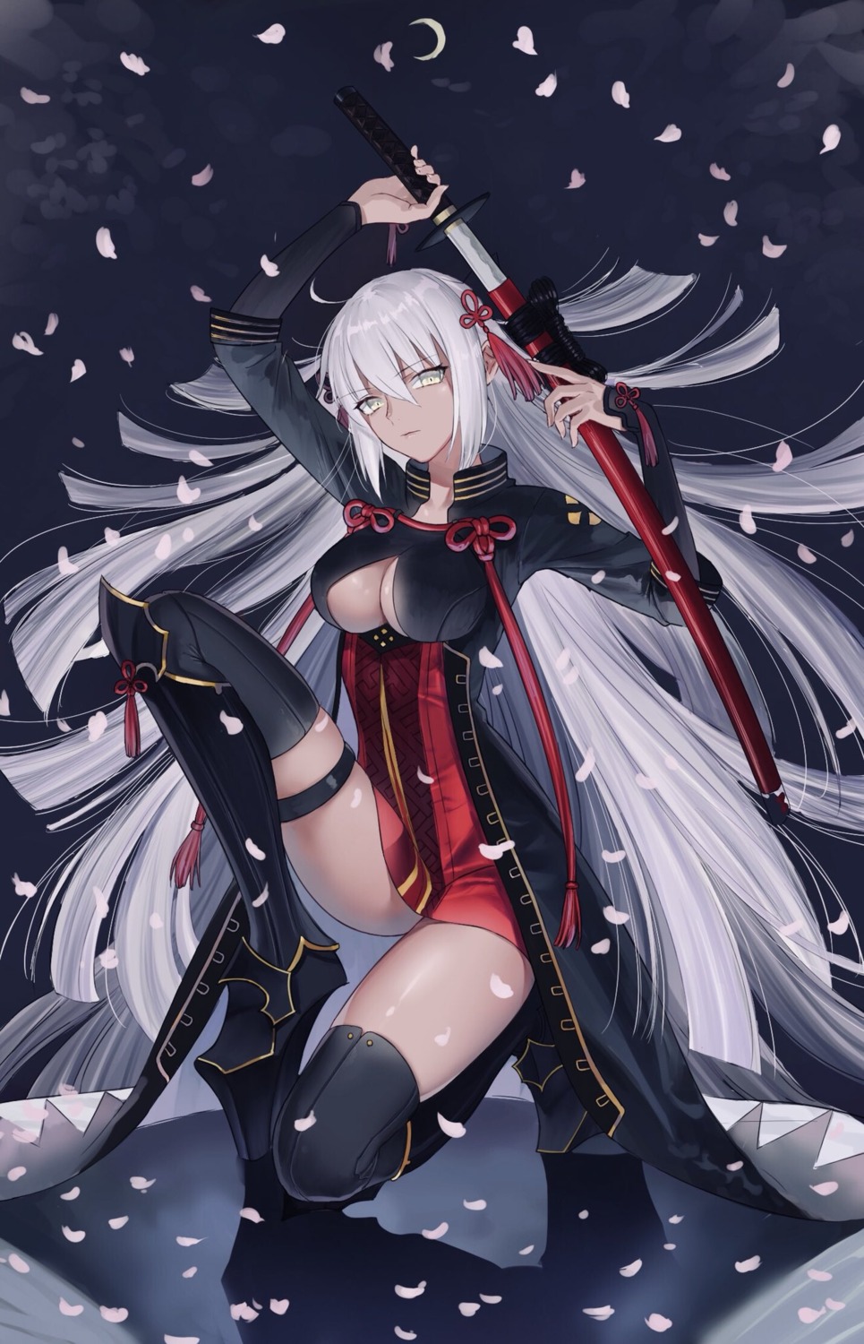 fate/grand_order, garter, nipi27, okita_souji_(alter)_(fate), sword, thighhighs, underboob