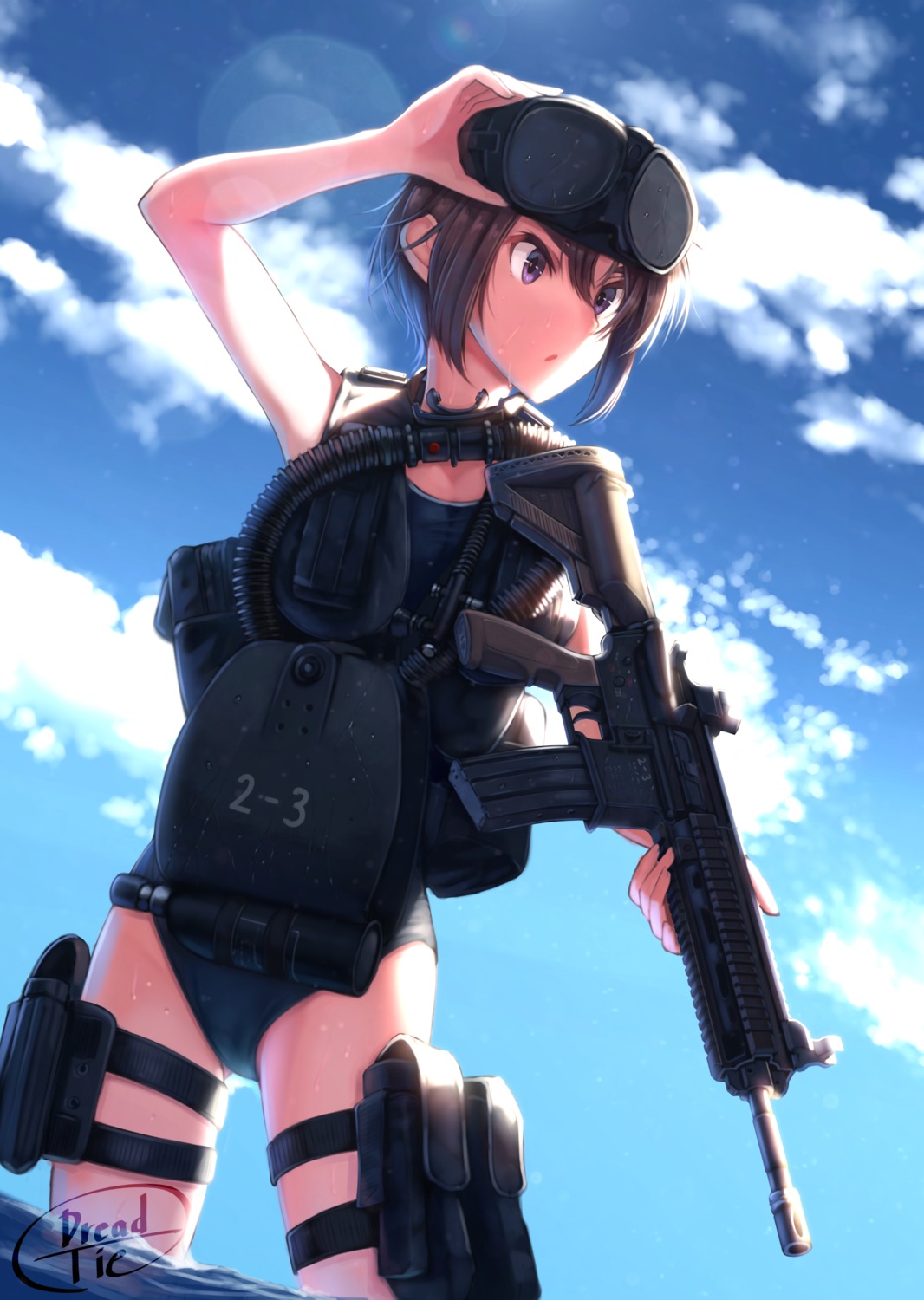 cleavage, dreadtie, gun, school_swimsuit, swimsuits, wet