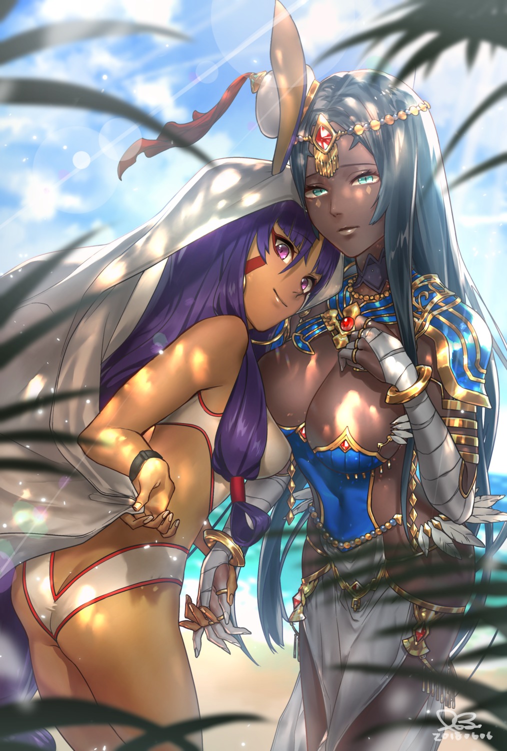 animal_ears, armor, ass, bandages, bunny_ears, fate/grand_order, hutagi_rouka, nitocris_(fate), scheherazade_(fate/grand_order), swimsuits