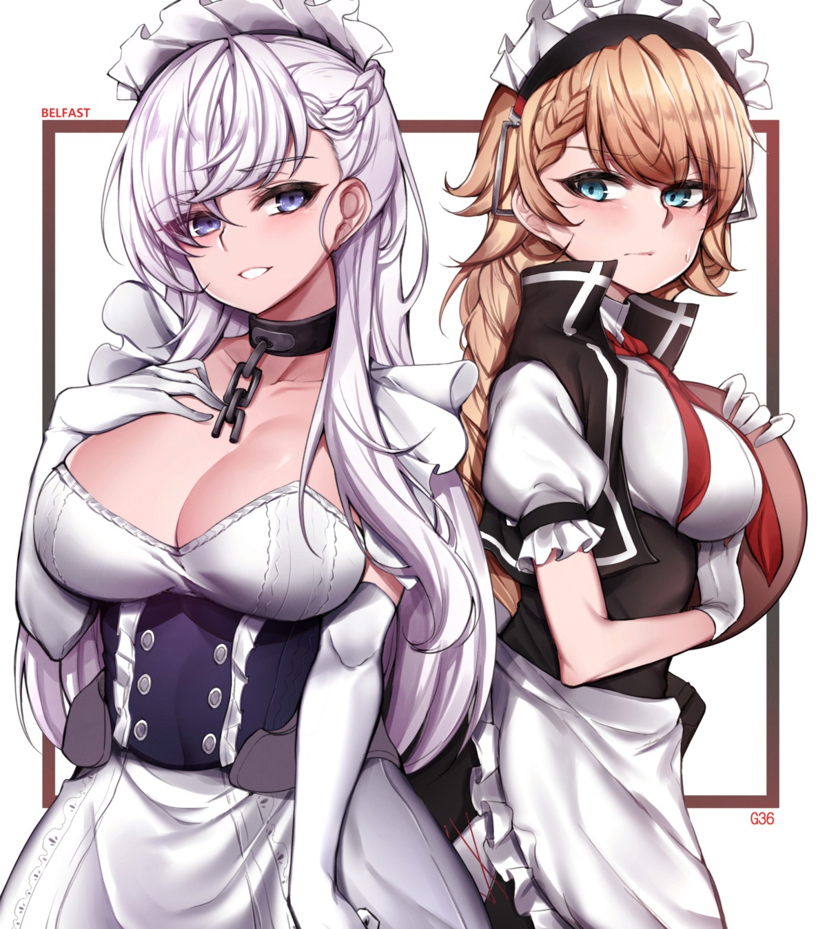 azur_lane, belfast_(azur_lane), chickenvomit, cleavage, crossover, g36_(girls_frontline), girls_frontline, maid