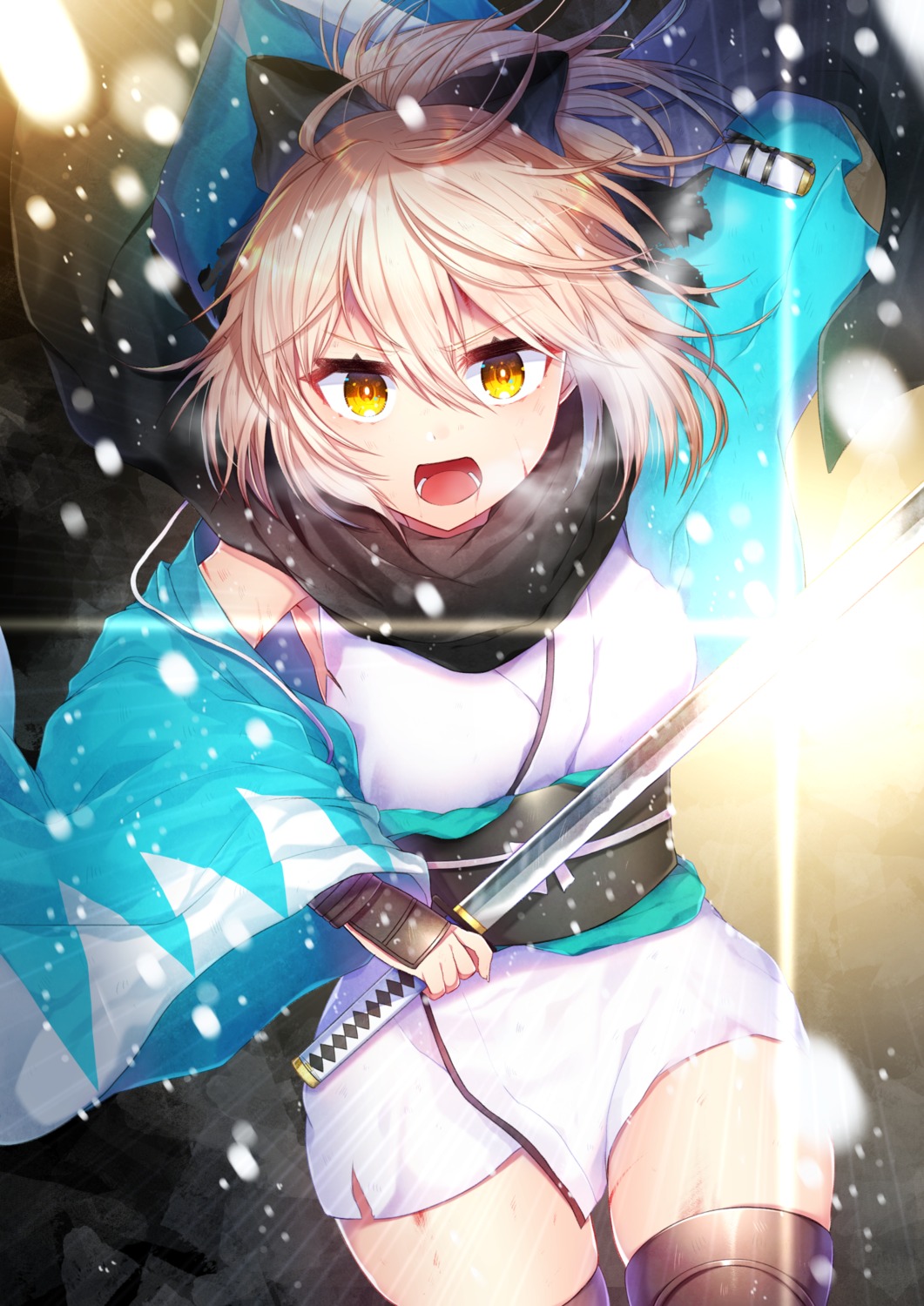 akirannu, fate/grand_order, japanese_clothes, okita_souji_(fate), sword, thighhighs