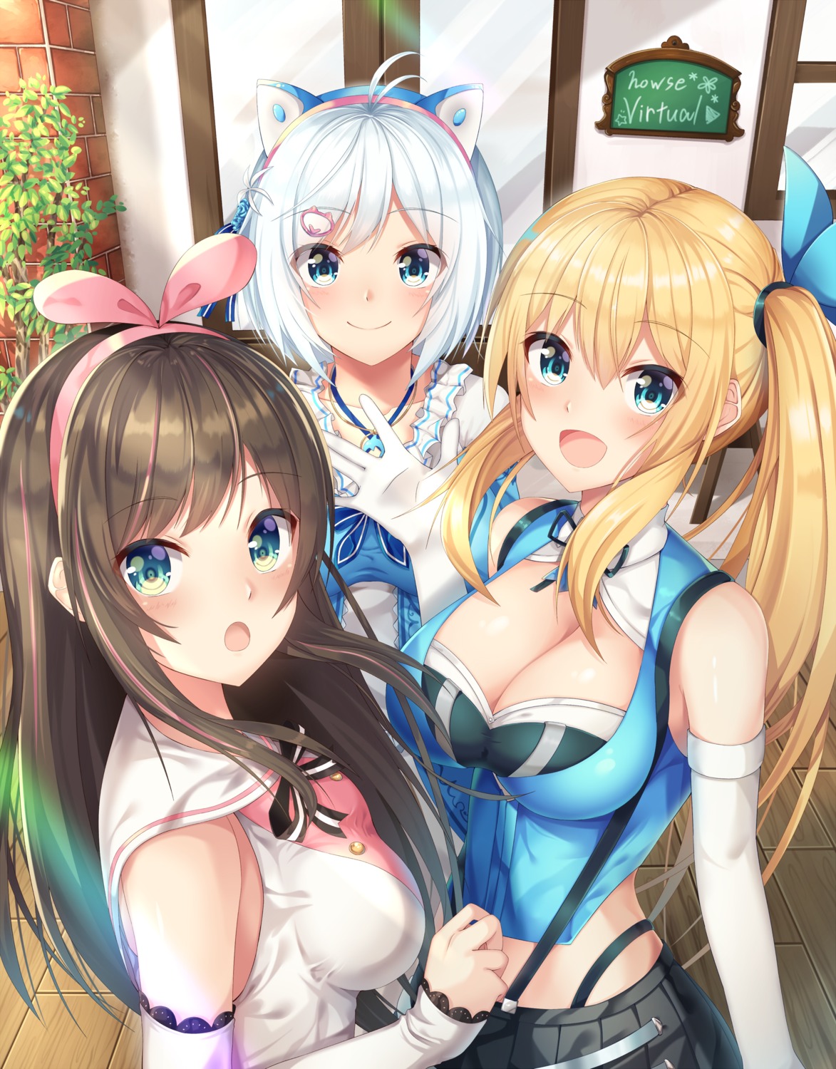 amagi_korona, animal_ears, cleavage, crossover, dennou_shoujo_youtuber_shiro, kizuna_ai, kizuna_ai_inc., mirai_akari