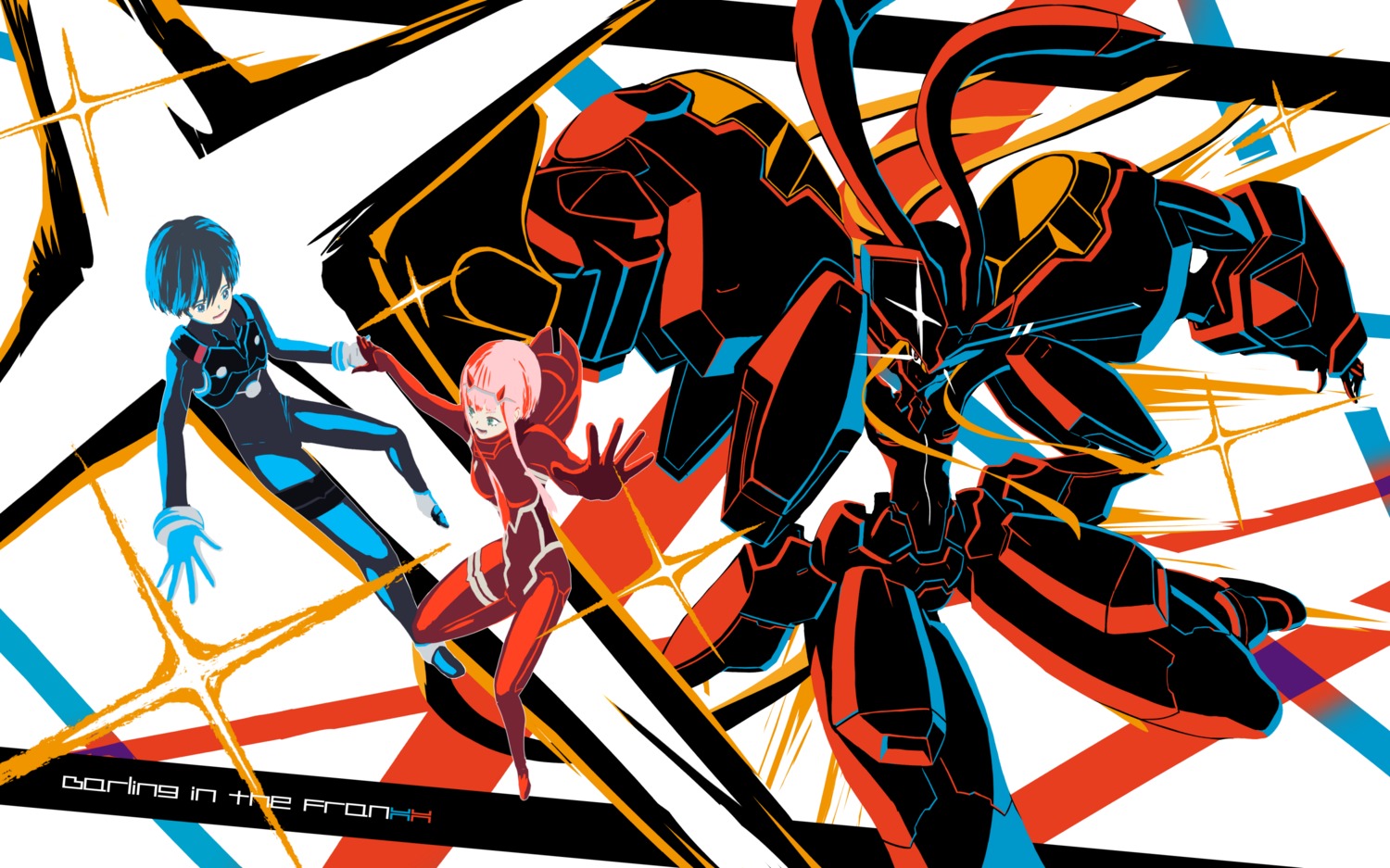 bodysuit, darling_in_the_franxx, deraken, hiro_(darling_in_the_franxx), horns, mecha, strelizia, zero_two_(darling_in_the_franxx)