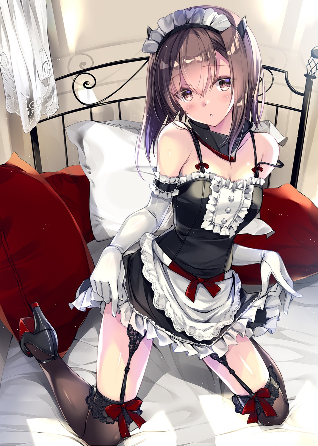 cleavage, heels, kantai_collection, kobayashi_chisato, maid, skirt_lift, stockings, taihou_(kancolle), thighhighs