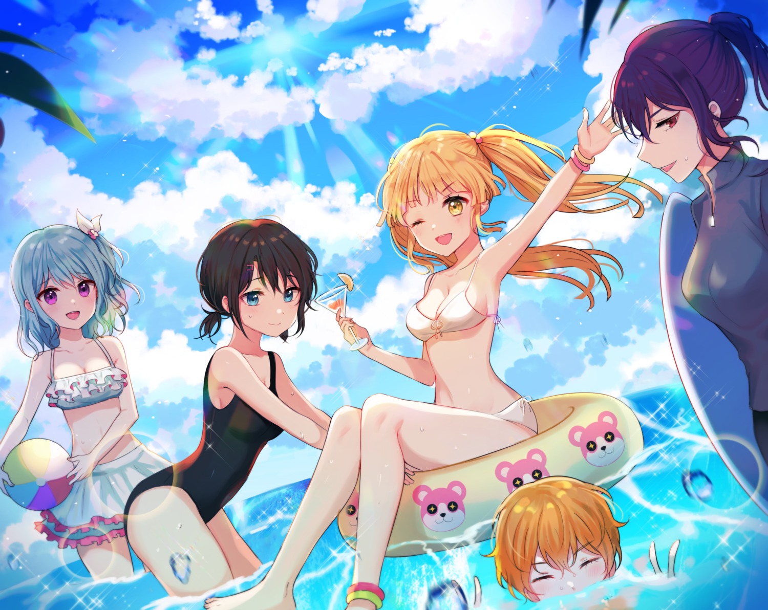 bang_dream!, bikini, cleavage, kitazawa_hagumi, matsubara_kanon, okusawa_misaki, seta_kaoru, swimsuits, tokkyu, tsurumaki_kokoro, wet