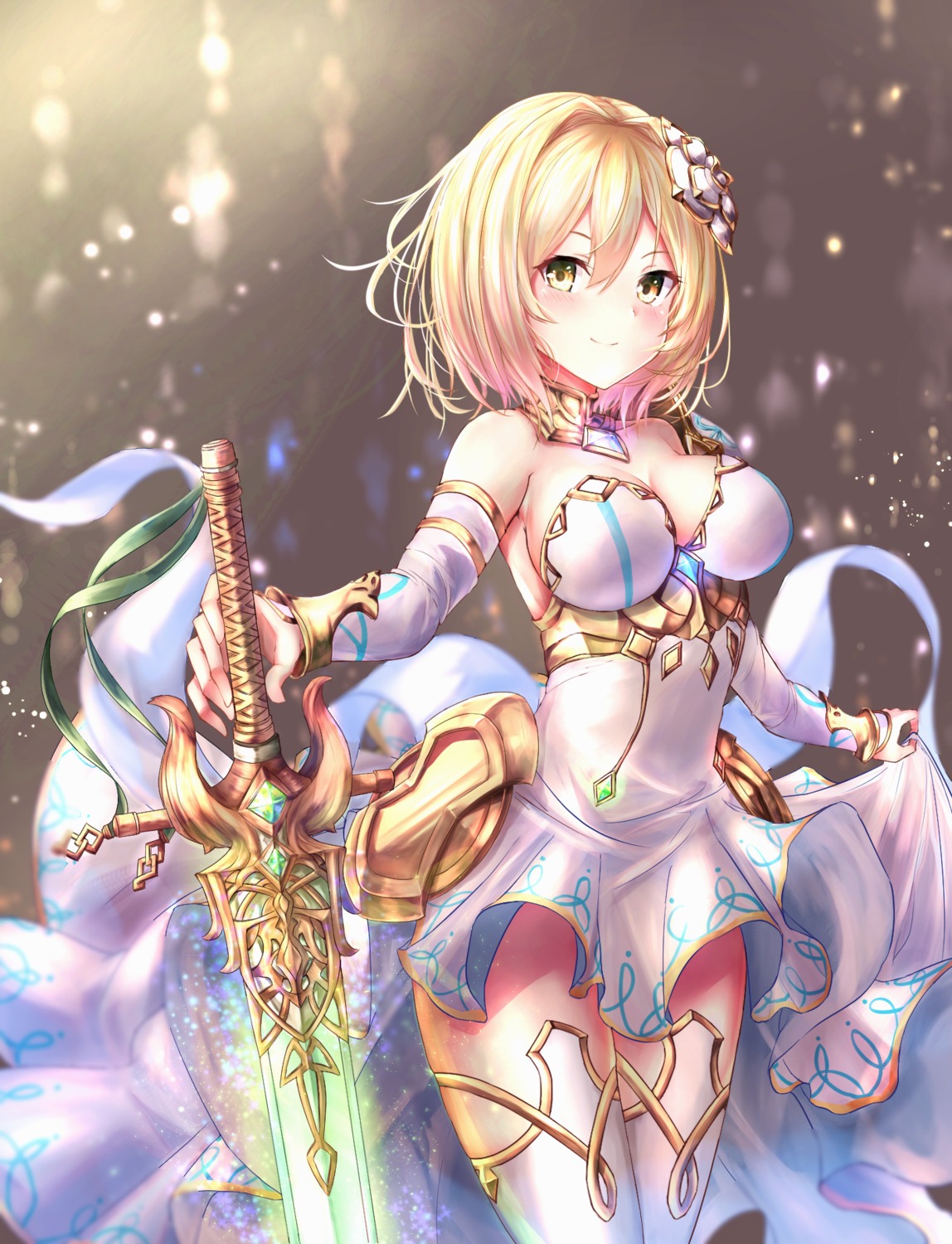 agibe, armor, cleavage, djeeta_(granblue_fantasy), dress, granblue_fantasy, skirt_lift, sword, thighhighs