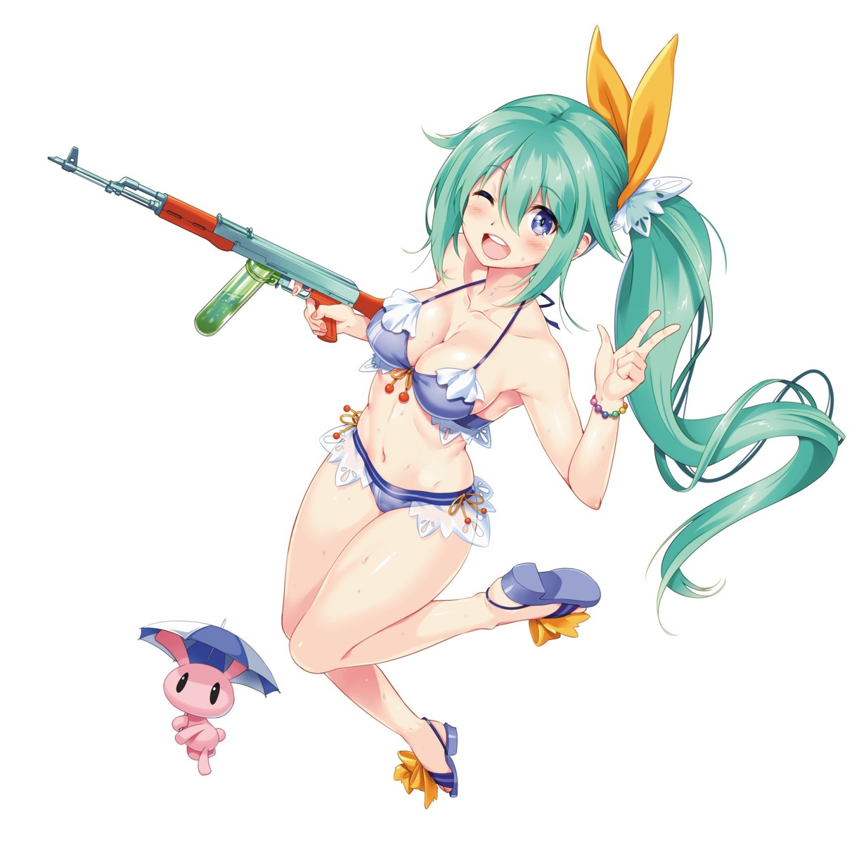 bikini, cleavage, gadeko, gun, heels, shinozuka_atsuto, swimsuits, umbrella
