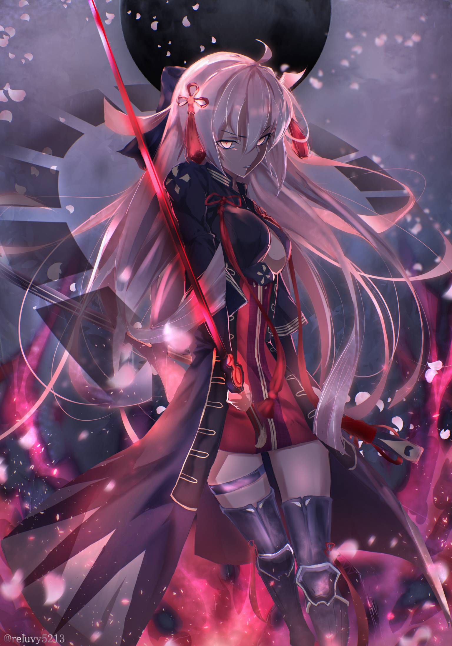 fate/grand_order, garter, okita_souji_(alter)_(fate), reluvy, sword, thighhighs
