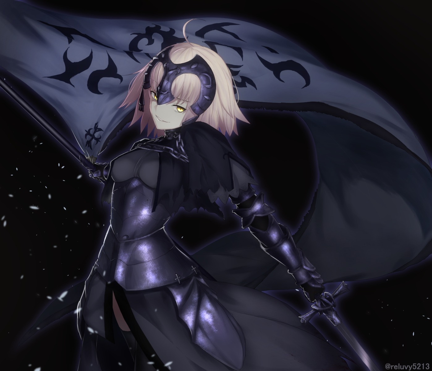 armor, fate/grand_order, jeanne_d'arc, jeanne_d'arc_alter_(fate), reluvy, sword, thighhighs