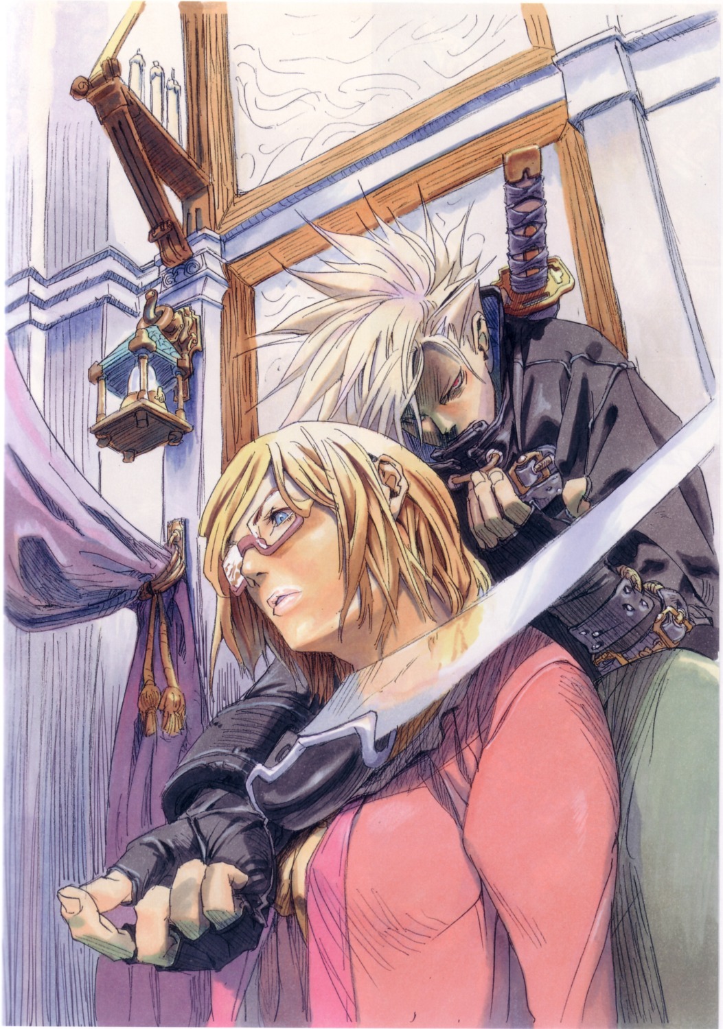 chipp_zanuff, cleavage, guilty_gear, ishiwatari_daisuke, megane, no_bra, open_shirt, sword