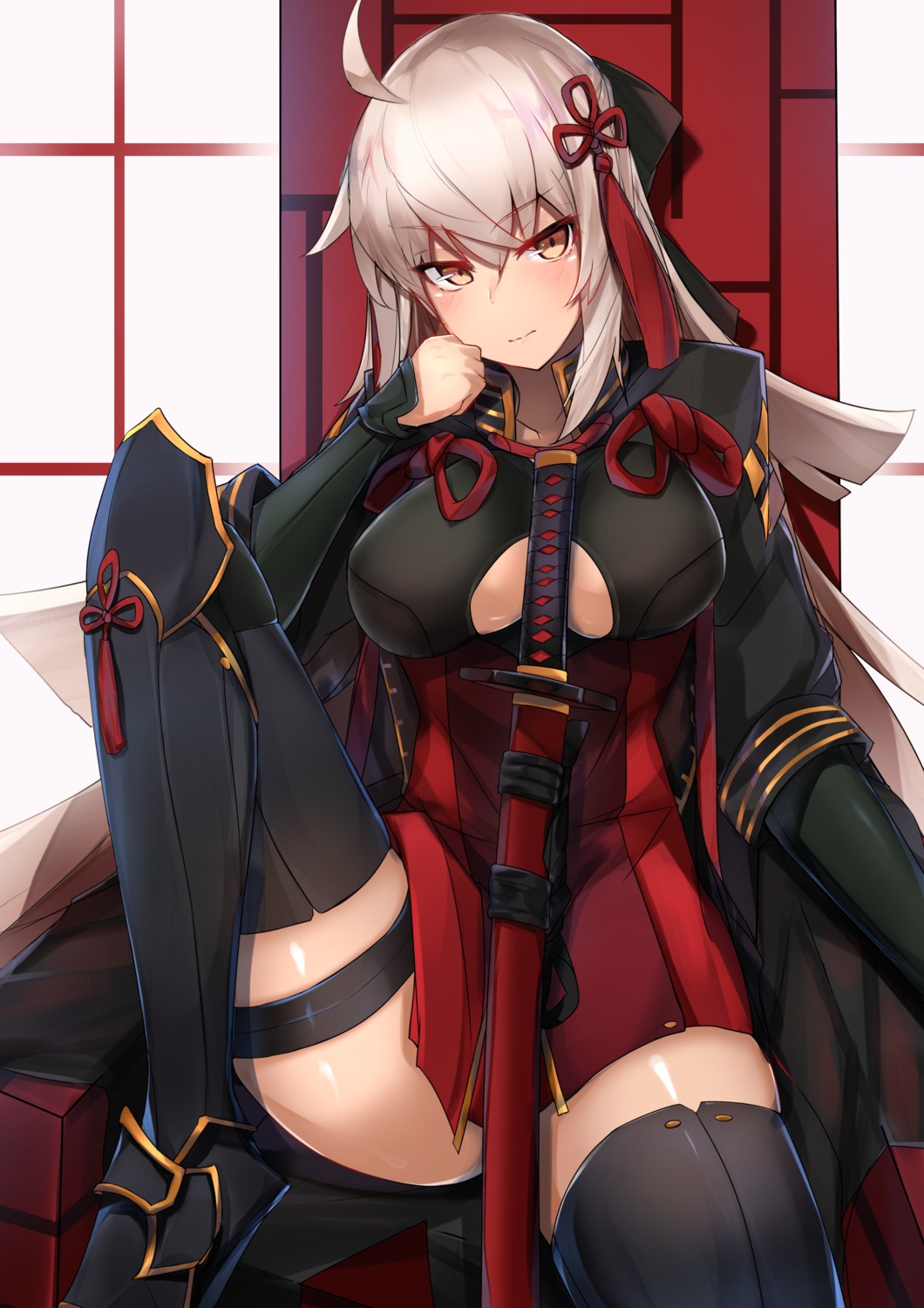 armor, cleavage, fate/grand_order, garter, nanakaku, okita_souji_(alter)_(fate), sword, thighhighs