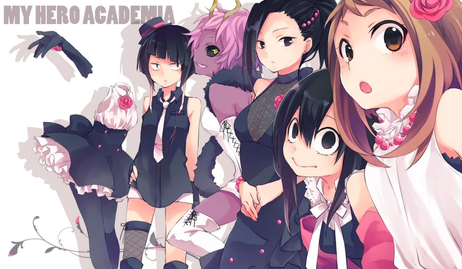 ashido_mina, asui_tsuyu, boku_no_hero_academia, fishnets, hagakure_tooru, horns, jirou_kyouka, kuroi_(liar-player)