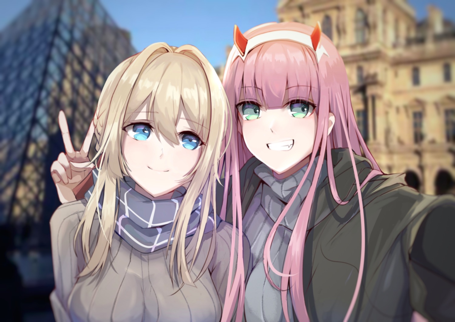 changpan_hutao, crossover, darling_in_the_franxx, horns, sweater, violet_evergarden, violet_evergarden_(character), zero_two_(darling_in_the_franxx)