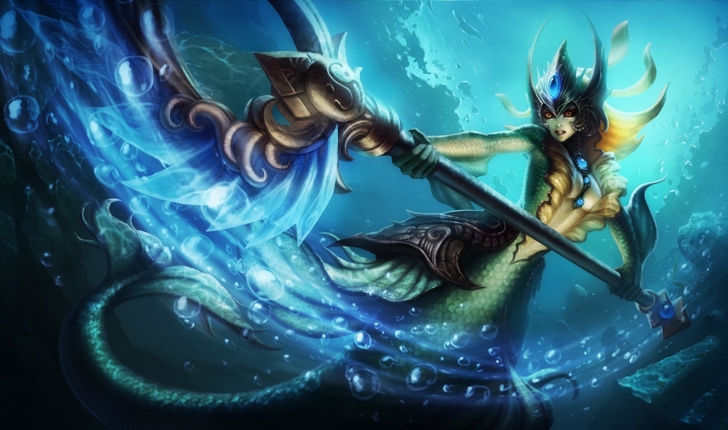 armor, league_of_legends, mermaid, monster_girl, nami_(league_of_legends), no_bra, tagme, tail