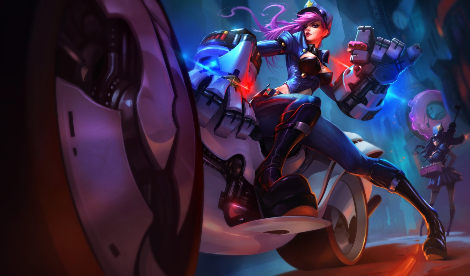 caitlyn, cleavage, gun, heels, jinx, league_of_legends, megane, police_uniform