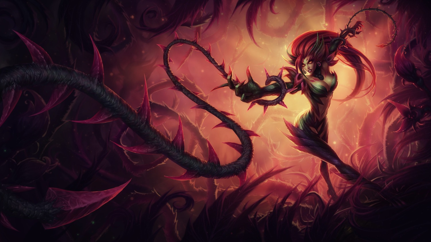 cleavage, heels, horns, league_of_legends, tagme, weapon, zyra