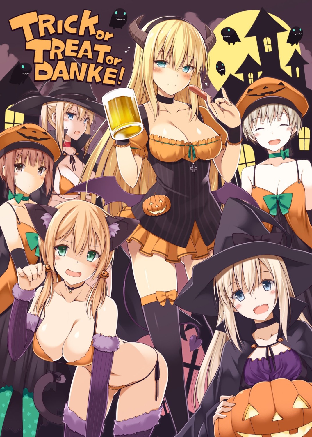 bikini, bismarck_(kancolle), cleavage, dress, graf_zeppelin_(kancolle), halloween, horns, kantai_collection