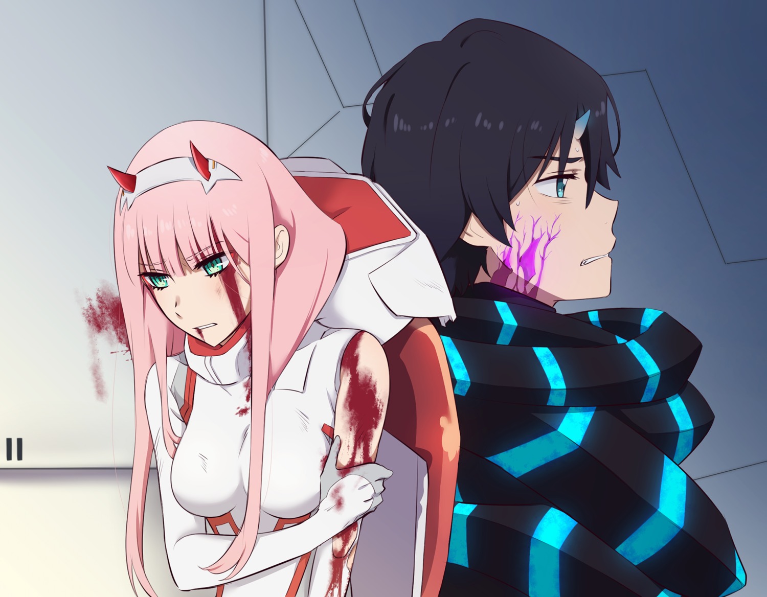 blood, bodysuit, darling_in_the_franxx, hiro_(darling_in_the_franxx), horns, k_016002, zero_two_(darling_in_the_franxx)