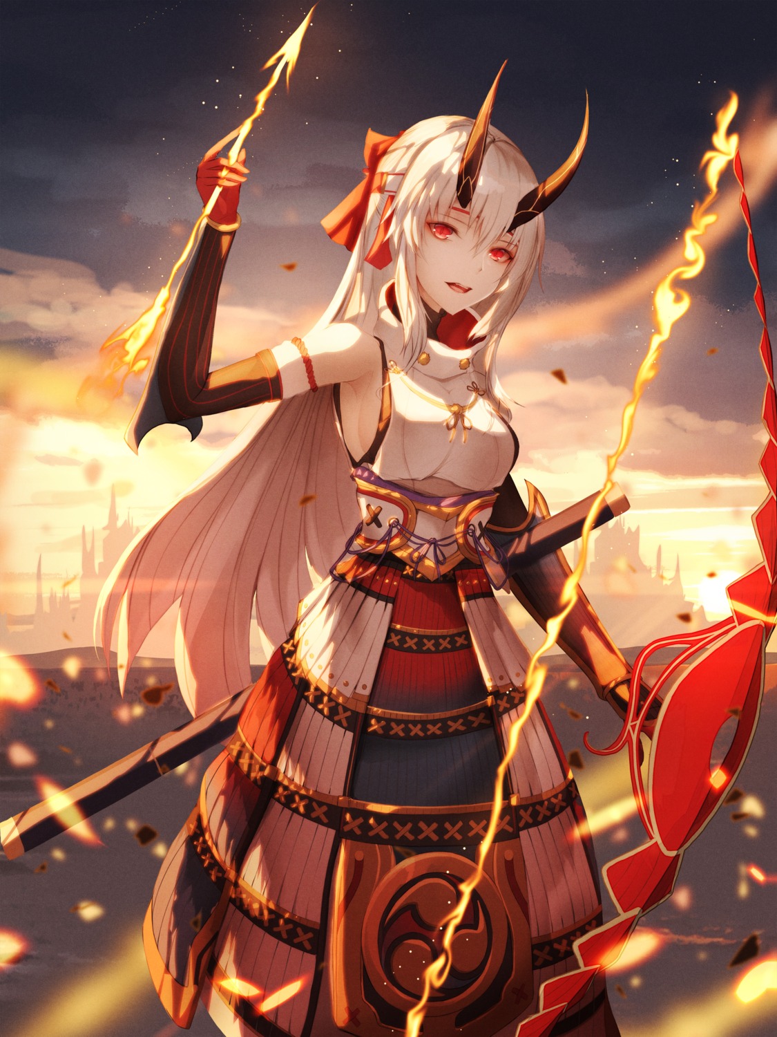 armor, fate/grand_order, foka_(beginner), horns, japanese_clothes, sword, tomoe_gozen_(fate), weapon