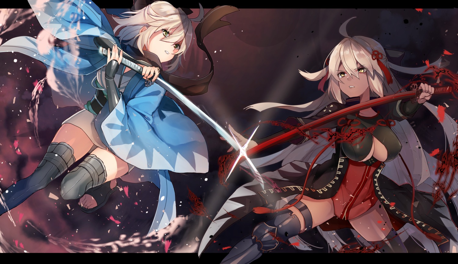 cleavage, derori, fate/grand_order, garter, japanese_clothes, okita_souji_(alter)_(fate), okita_souji_(fate), sword
