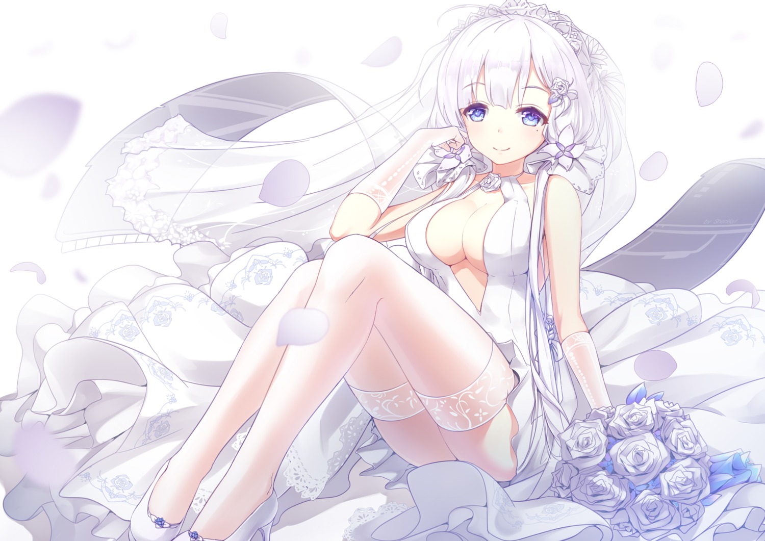 azur_lane, cleavage, dress, heels, illustrious_(azur_lane), no_bra, shenhai_(2556146833), thighhighs, wedding_dress