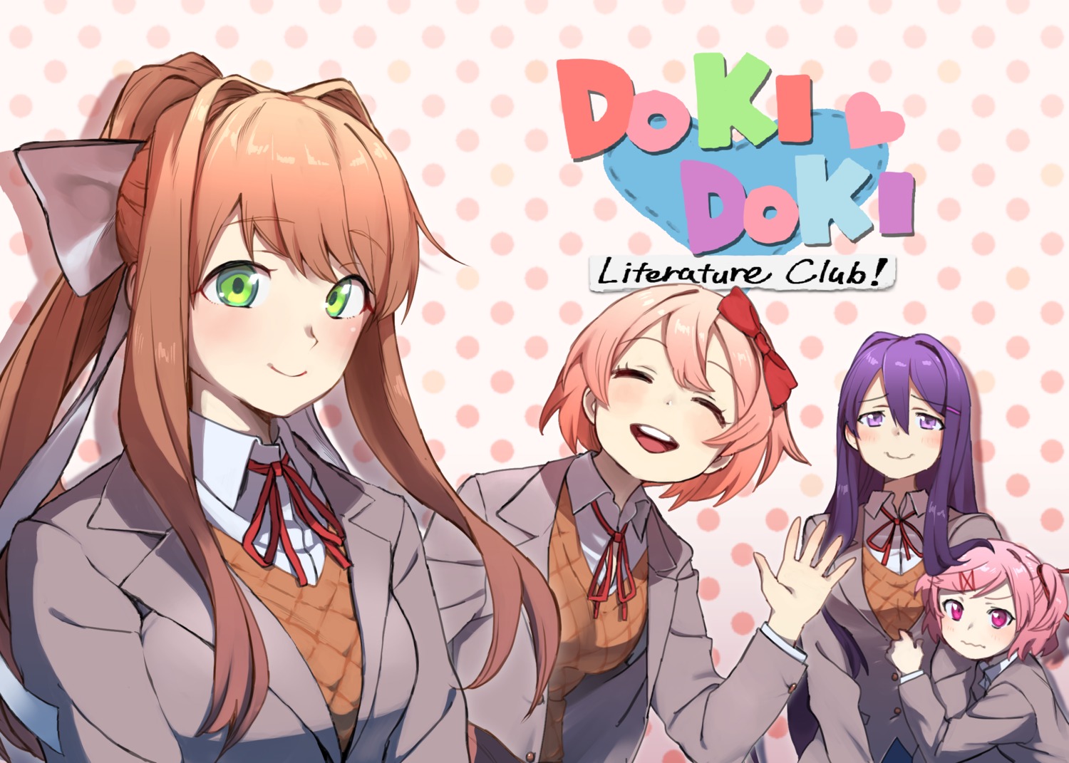 doki_doki_literature_club!, monika_(doki_doki_literature_club!), natsuki_(doki_doki_literature_club!), sayori_(doki_doki_literature_club!), seifuku, sweater, tsushima_ao, yuri_(doki_doki_literature_club!)