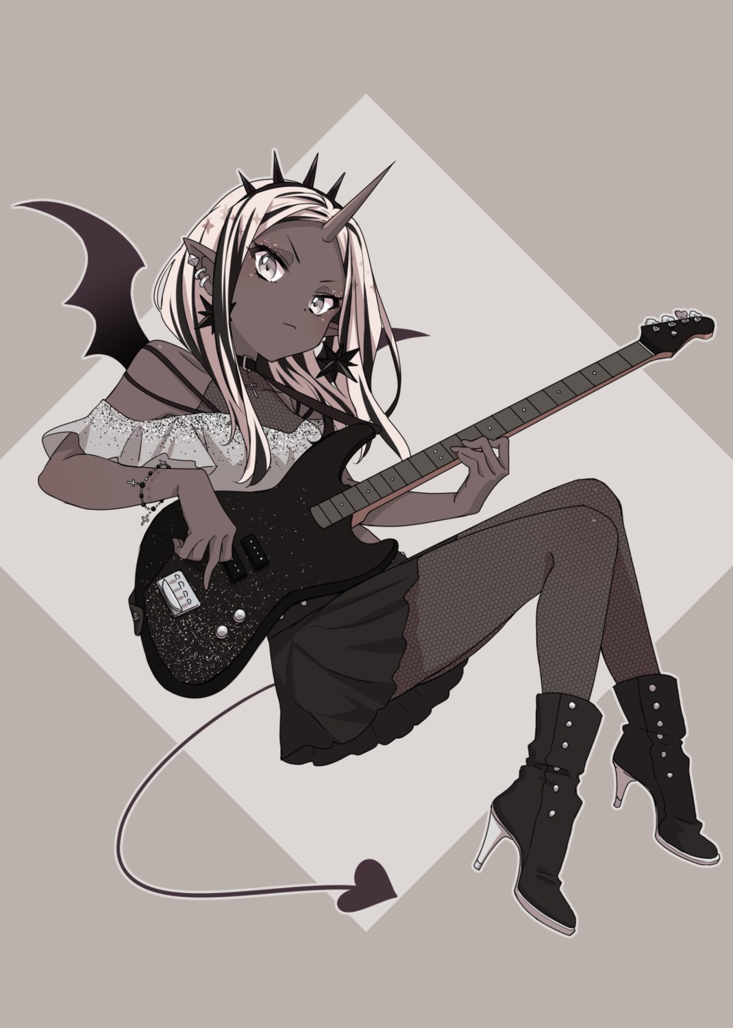 devil, dress, fishnets, guitar, heels, horns, pantyhose, pointy_ears