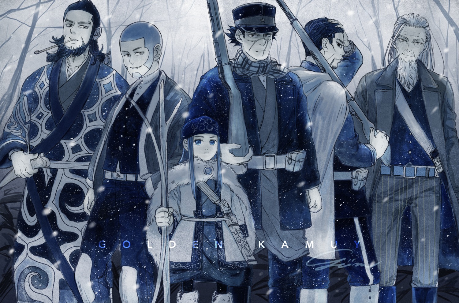 asirpa, dress, golden_kamuy, gun, hijikata_toshizou_(golden_kamuy), kimono, kiroranke, ogata_hyakunosuke