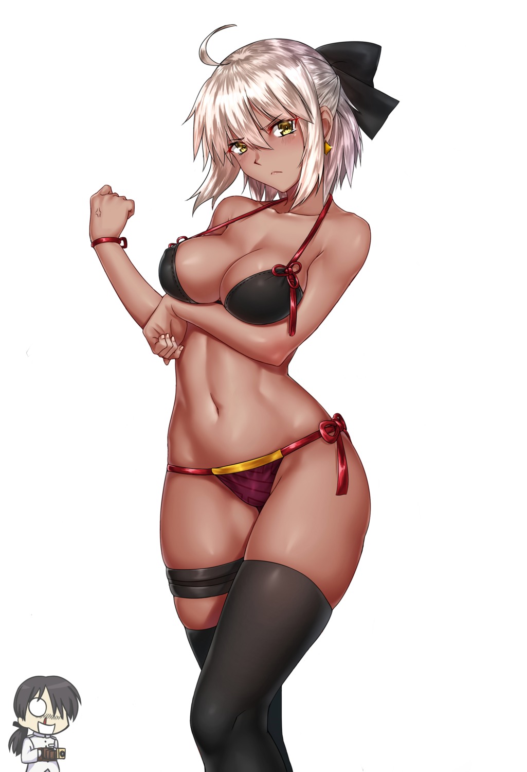bikini, breast_hold, cleavage, fate/grand_order, garter, kai_(pixiv12466647), okita_souji_(alter)_(fate), swimsuits, thighhighs