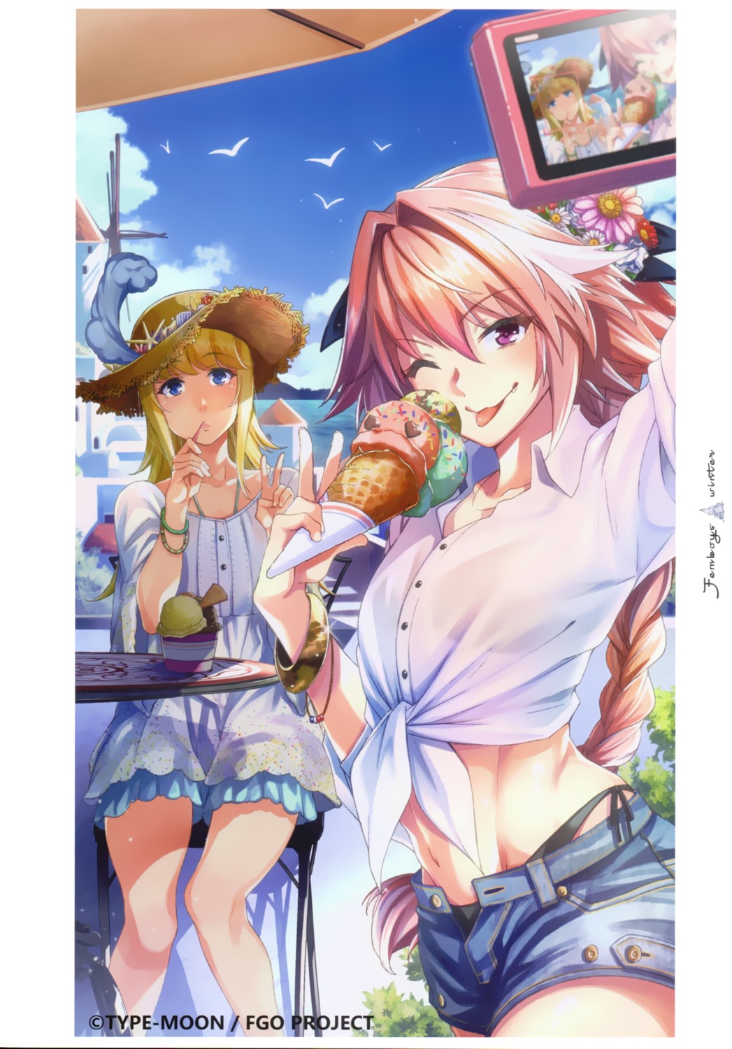 astolfo_(fate), bikini, chevalier_d'eon_(fate/grand_order), dress, dress_shirt, fate/grand_order, ohara_hiroki, see_through, summer_dress, swimsuits, trap