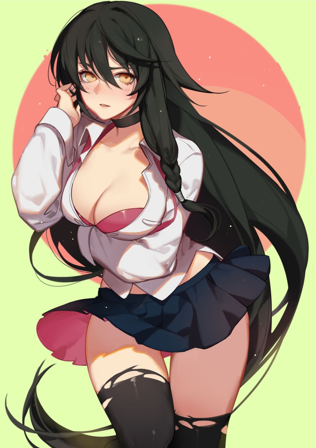 bra, cleavage, open_shirt, seifuku, skirt_lift, songjikyo, tales_of, tales_of_berseria, thighhighs, torn_clothes, velvet_crowe