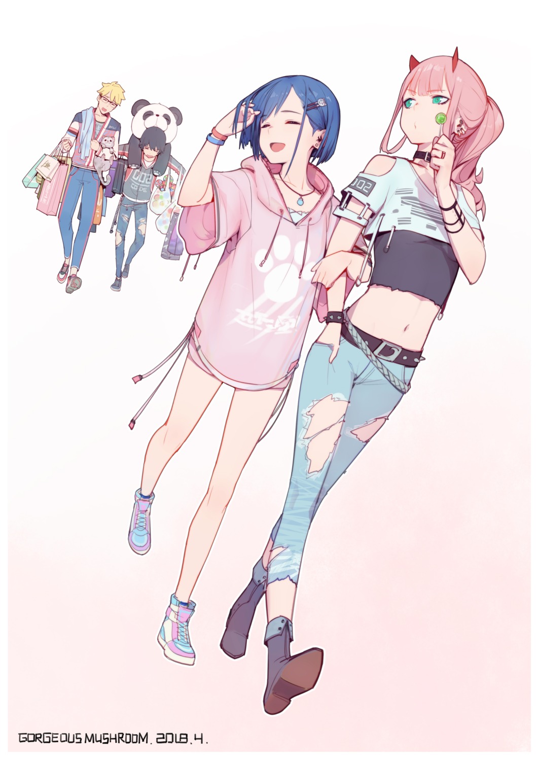 darling_in_the_franxx, gorgeous_mushroom, gorou_(darling_in_the_franxx), heels, hiro_(darling_in_the_franxx), horns, ichigo_(darling_in_the_franxx), megane, torn_clothes, zero_two_(darling_in_the_franxx)