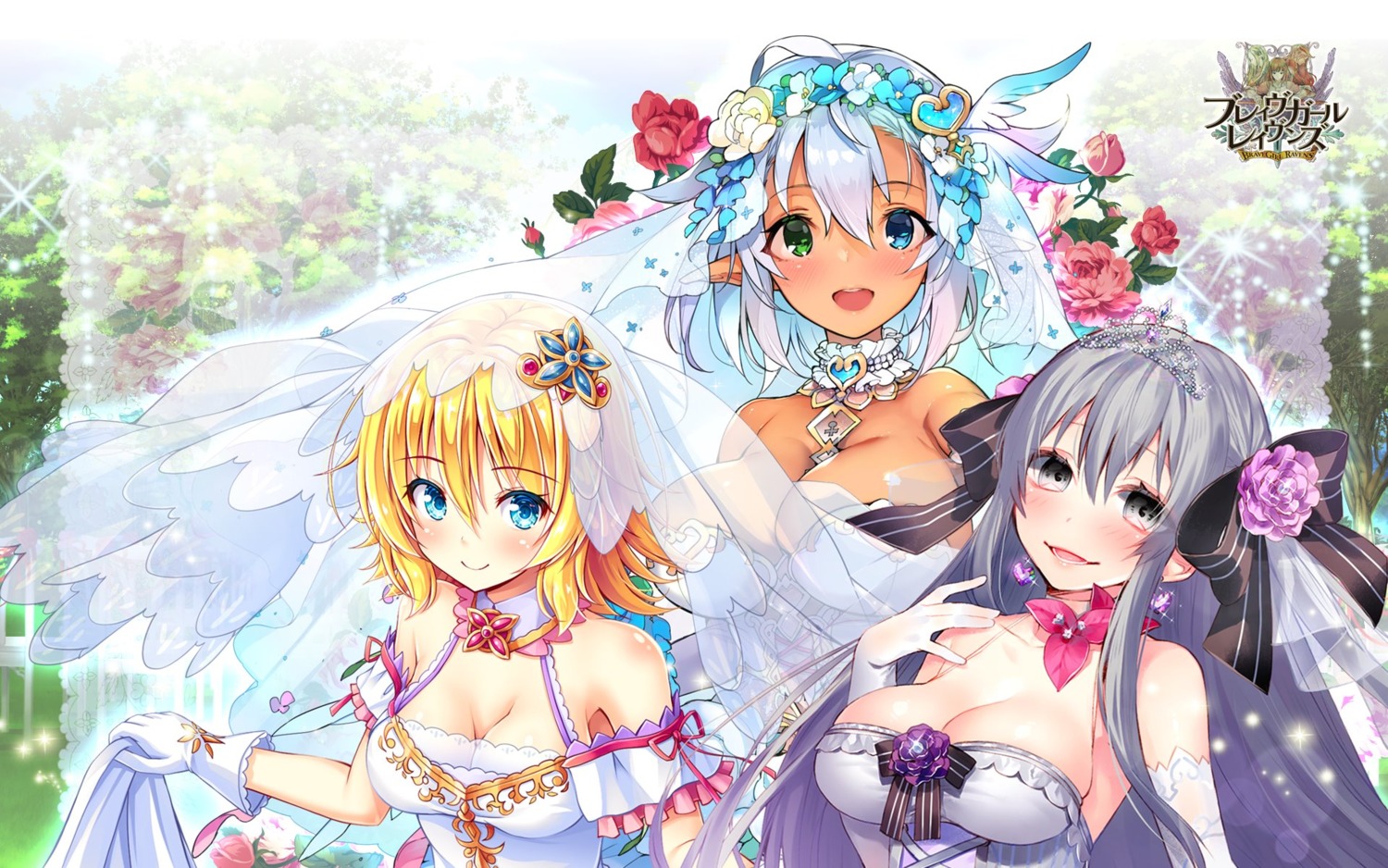 akashio, brave_girl_ravens, cleavage, dress, elf, frea_henil, heterochromia, pointy_ears, pyon-kti, tsukimiya_sei, wallpaper, wedding_dress