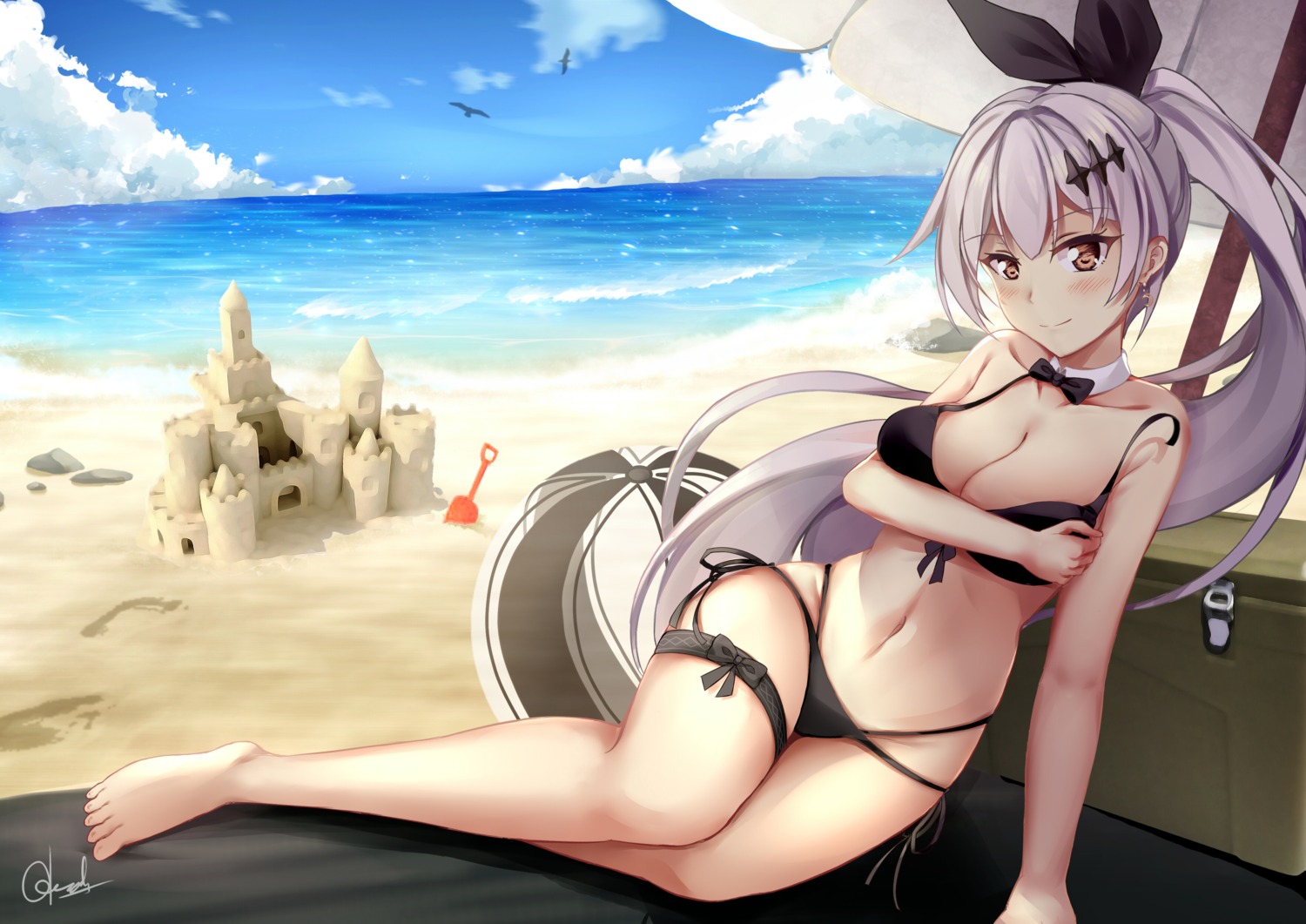bikini, breast_hold, chrisandita, cleavage, five-seven, garter, girls_frontline, swimsuits, wardrobe_malfunction