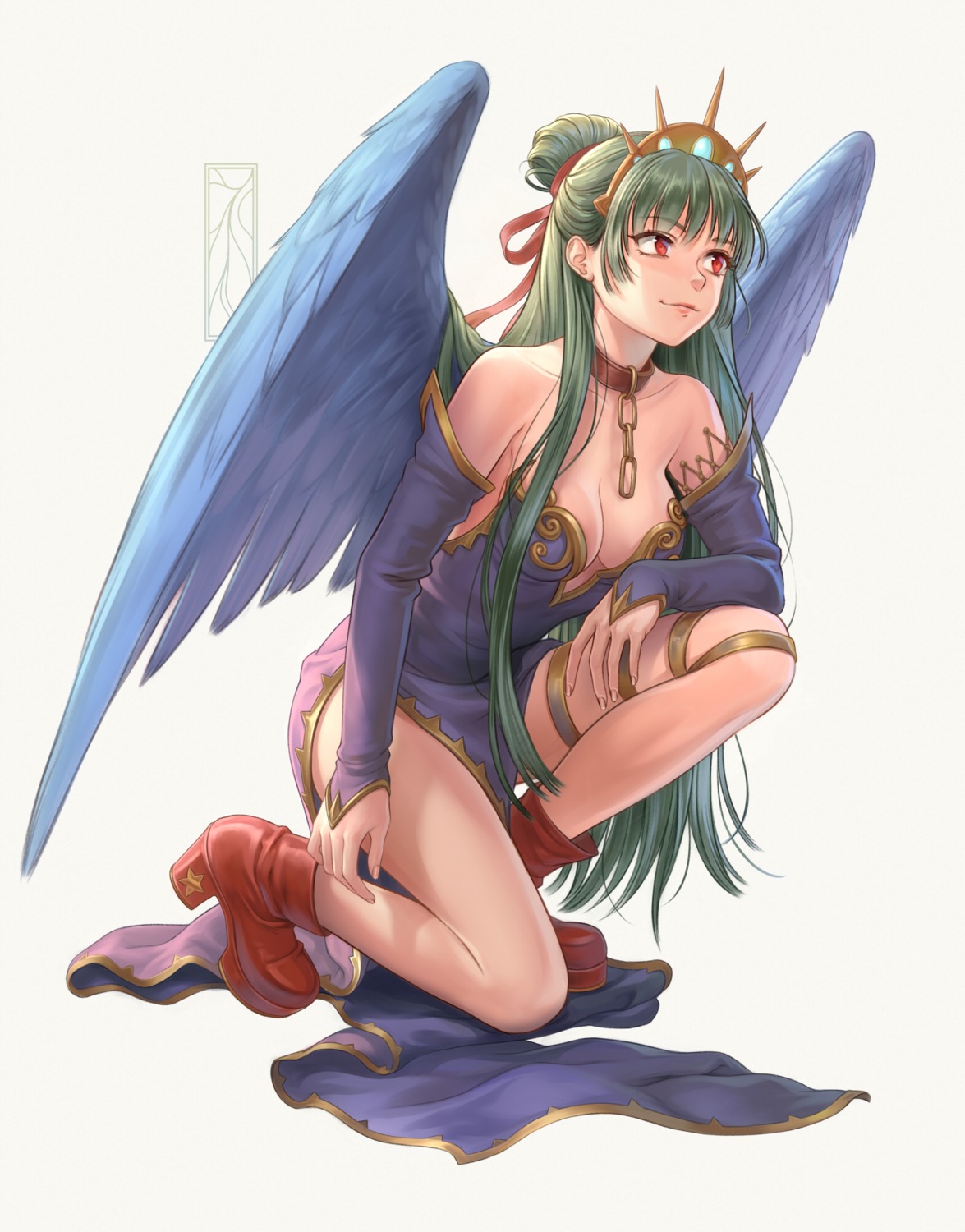 cleavage, dress, garter, heels, kotikomori, no_bra, wings
