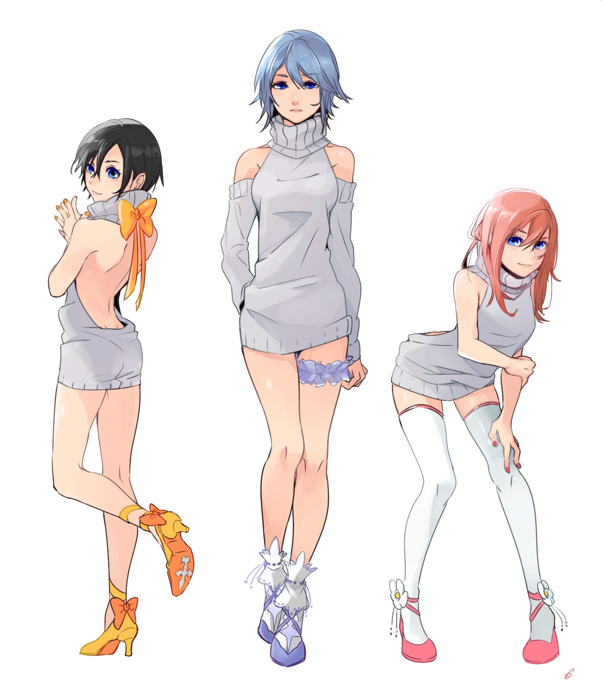 aqua_(kingdom_hearts), dress, garter, heels, kairi_(kingdom_hearts), kingdom_hearts, motu0505, no_bra, sweater, thighhighs, xion_(kingdom_hearts)