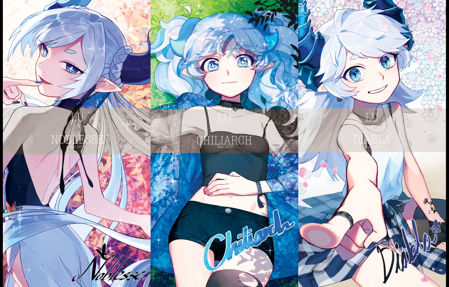 elsword, horns, lu_(elsword), pointy_ears, tattoo, thighhighs, tsuji