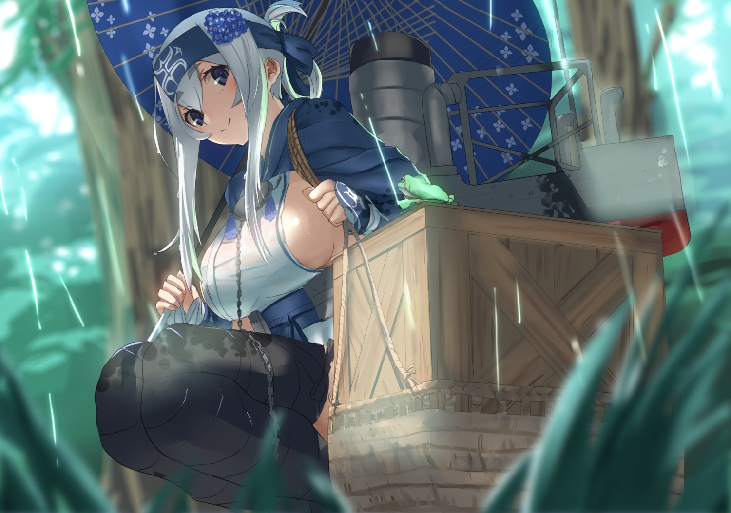 kamoi_(kancolle), kantai_collection, no_bra, thighhighs, tsuuhan, umbrella