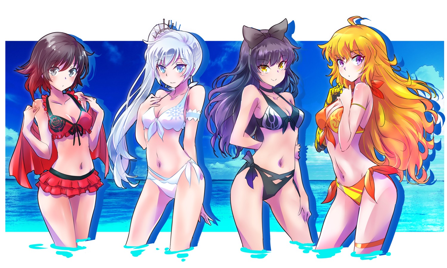 bikini, blake_belladonna, cleavage, garter, iesupa, ruby_rose, rwby, swimsuits, weiss_schnee, wet, yang_xiao_long
