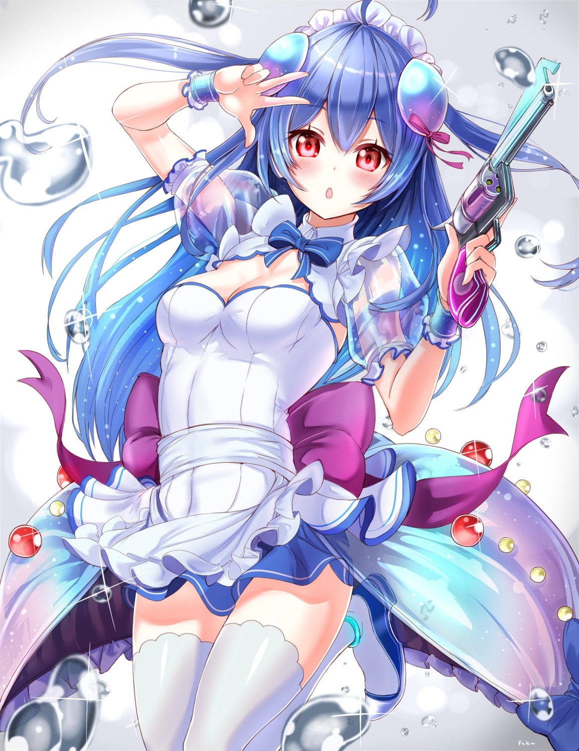 cleavage, fuku_kitsune, gun, heels, maid, shironeko_project, thighhighs