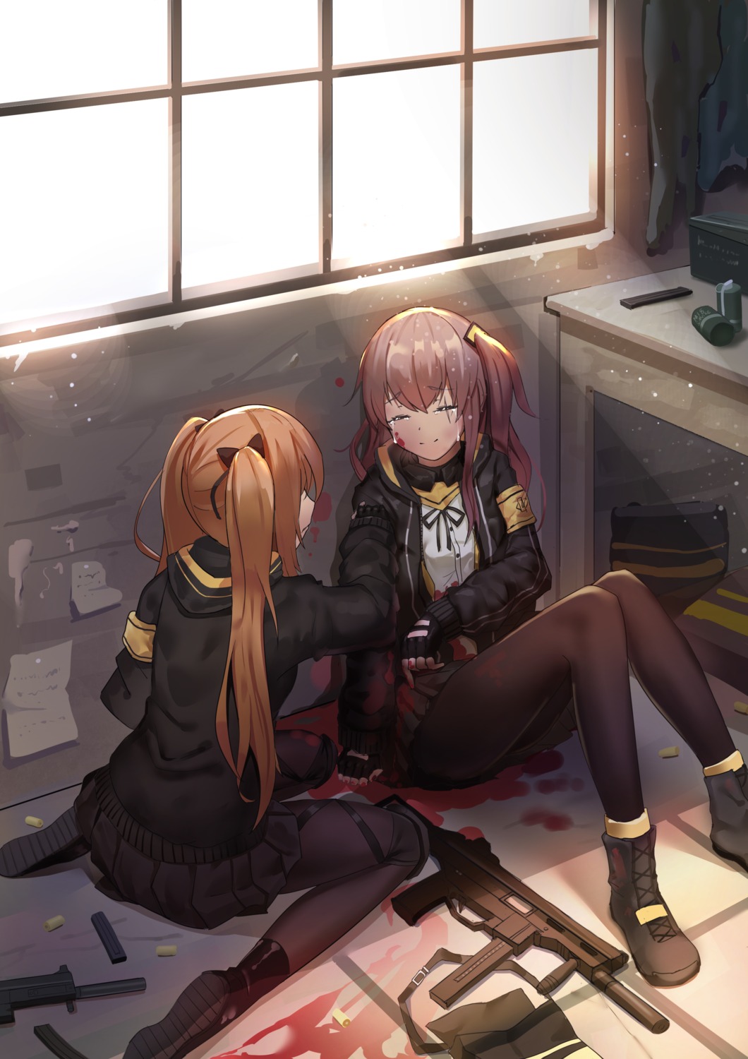 blood, darcy, girls_frontline, gun, pantyhose, ump45_(girls_frontline), ump9_(girls_frontline)