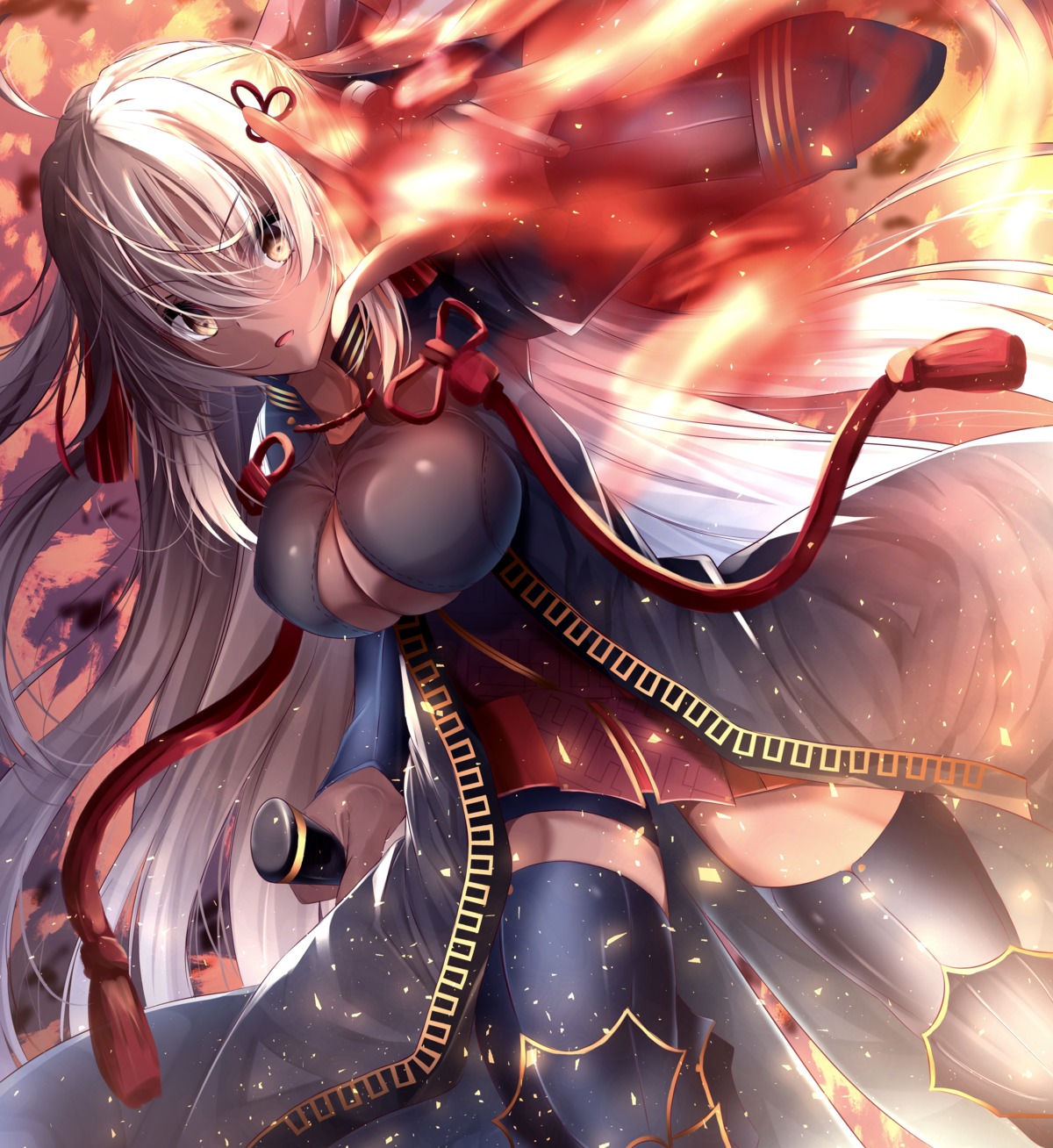 cleavage, fate/grand_order, garter, no_bra, okita_souji_(alter)_(fate), suisen-21, thighhighs